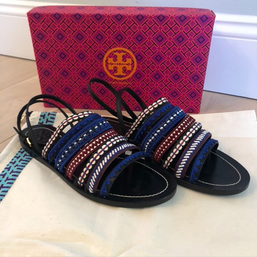 Tori Burch Mixed Trim Ankle-Strap Flat Sandal